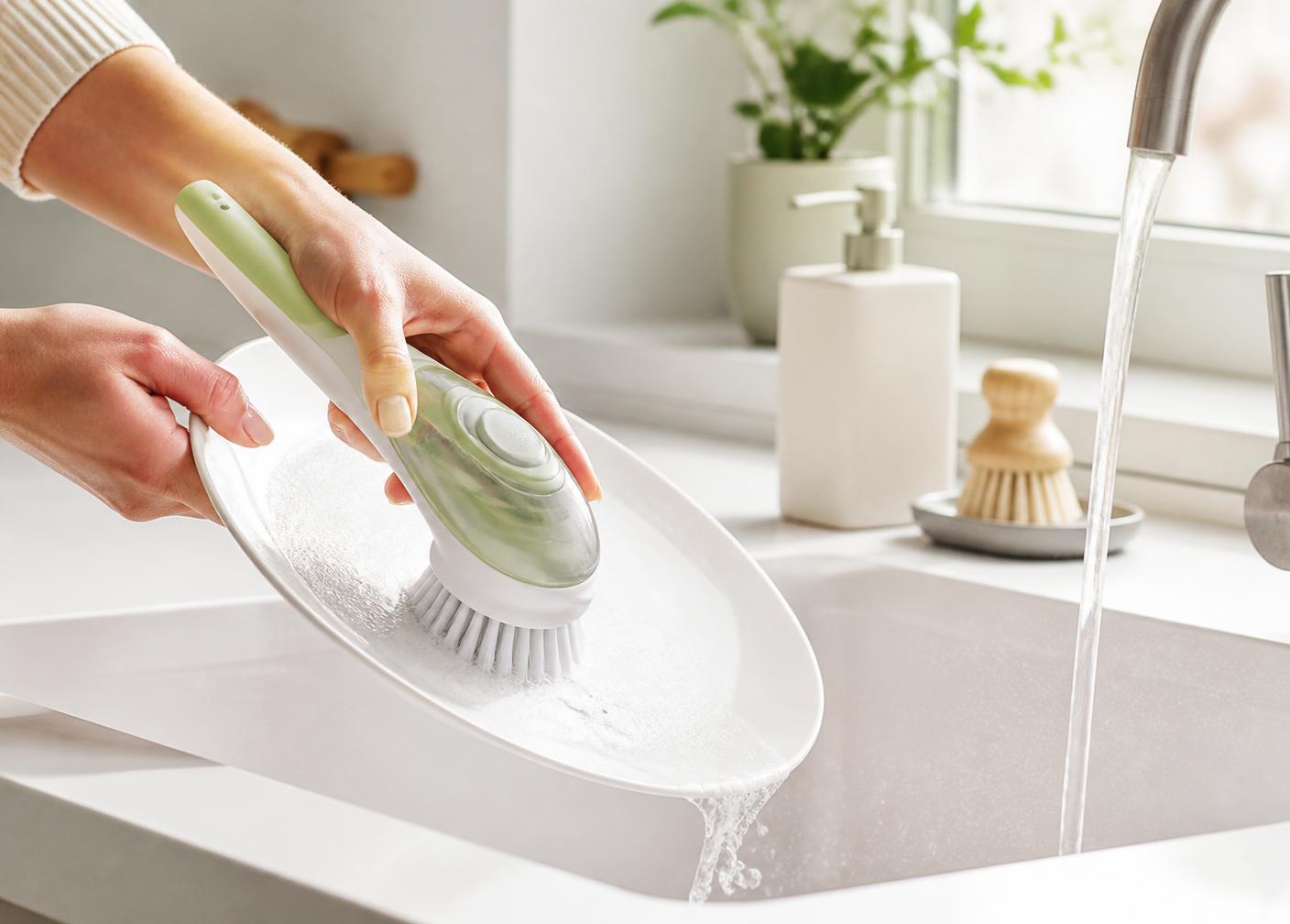 CleanPress™ w użyciu przy kuchennym zlewie podczas mycia talerza